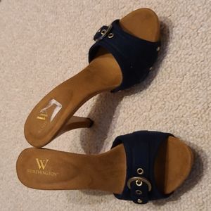 Navy blue suede buckle heels